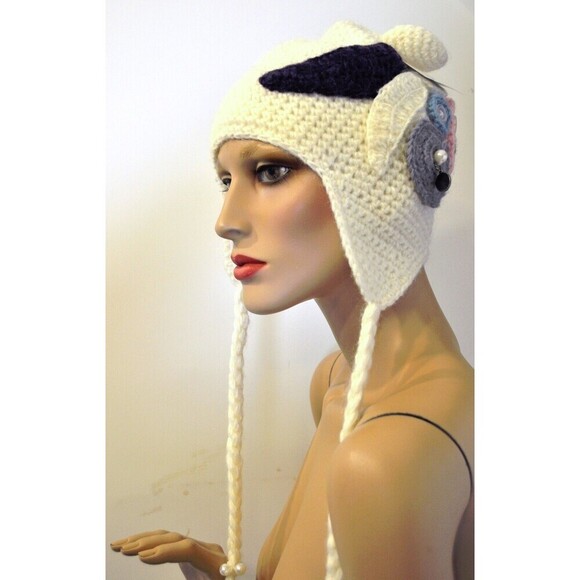 NWT Chaos Cream Knit Winter hat Ear Flaps Applique Flowers Boho Florette - Picture 2 of 4